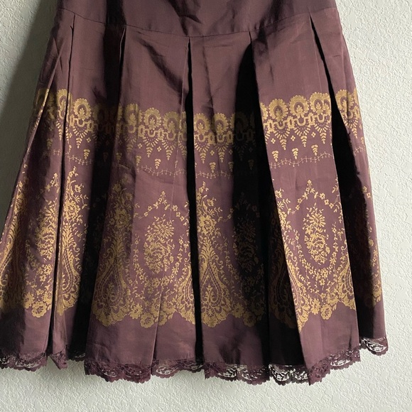 Anthropologie Odille Silk Blend Drop Waist Lace Trim Brown Gold Mod Midi Skirt 2 - Picture 8 of 13
